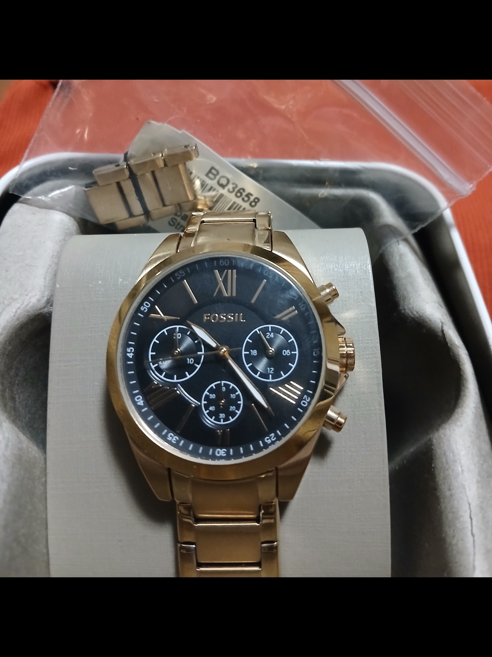 Fossil Gold-Tone Chronograph Watch with Black Dial and Bracelet